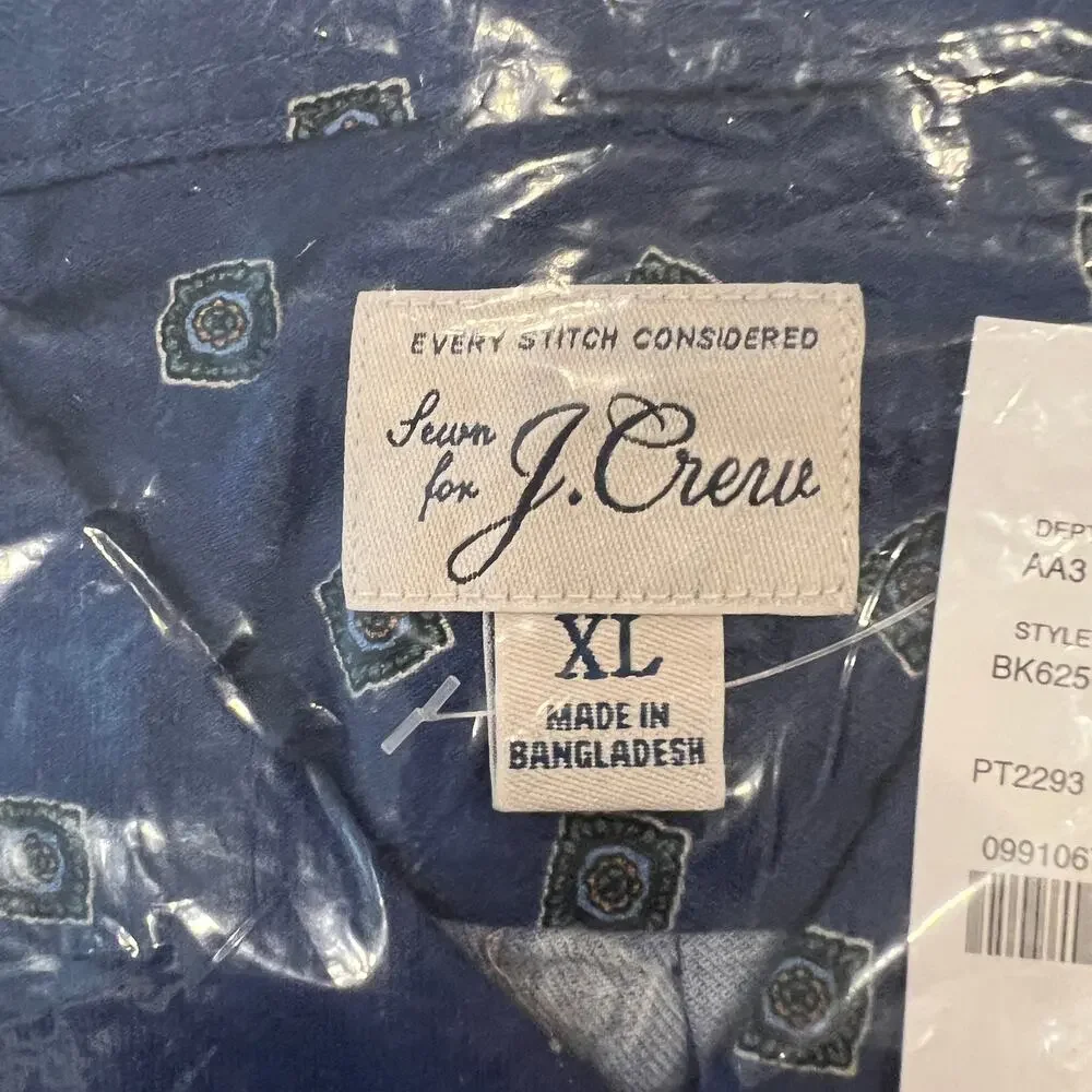 NWT J. Crew Men's Square Flower Blue/Green Cotton-Wool Challis 2 Pocket Shirt
